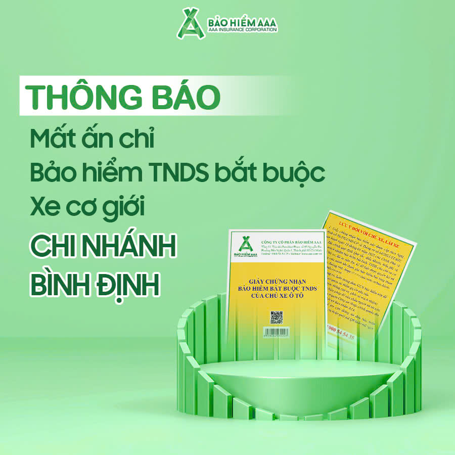 THÔNG BÁO MẤT ẤN CHỈ BẢO HIỂM TNDS BẮT BUỘC XE CƠ GIỚI - CHI NHÁNH BÌNH ĐỊNH